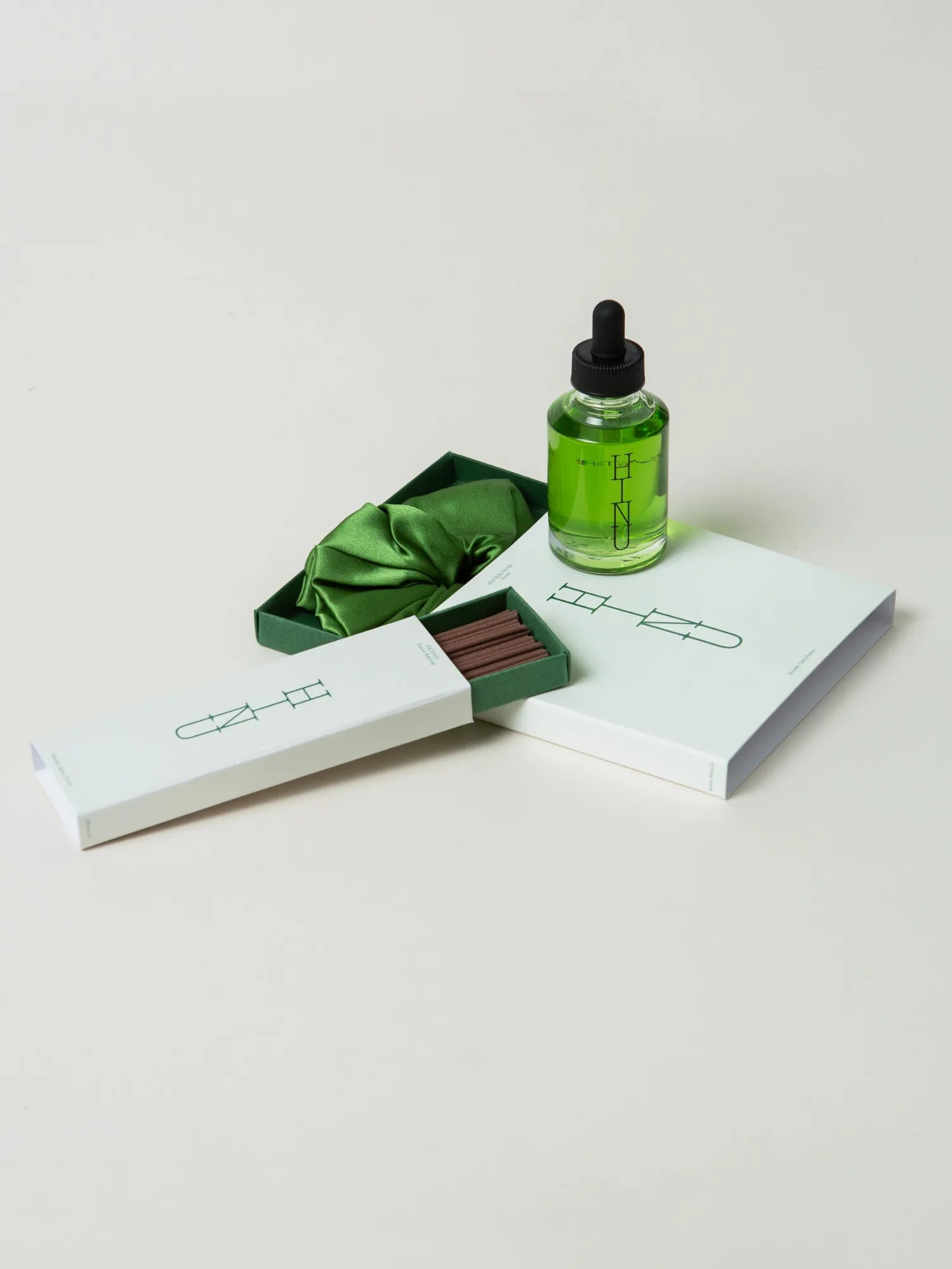HINU Forest Bathing Kit with Hair Growth Oil, incense and green silk scrunchie
