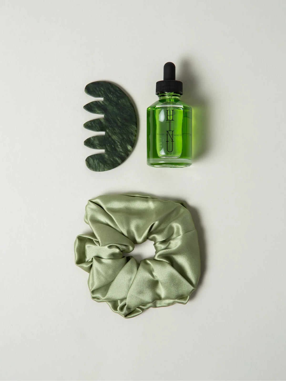 HINU Jade Ritual Set with Hair Growth Oil, jade tool and light green silk scrunchie
