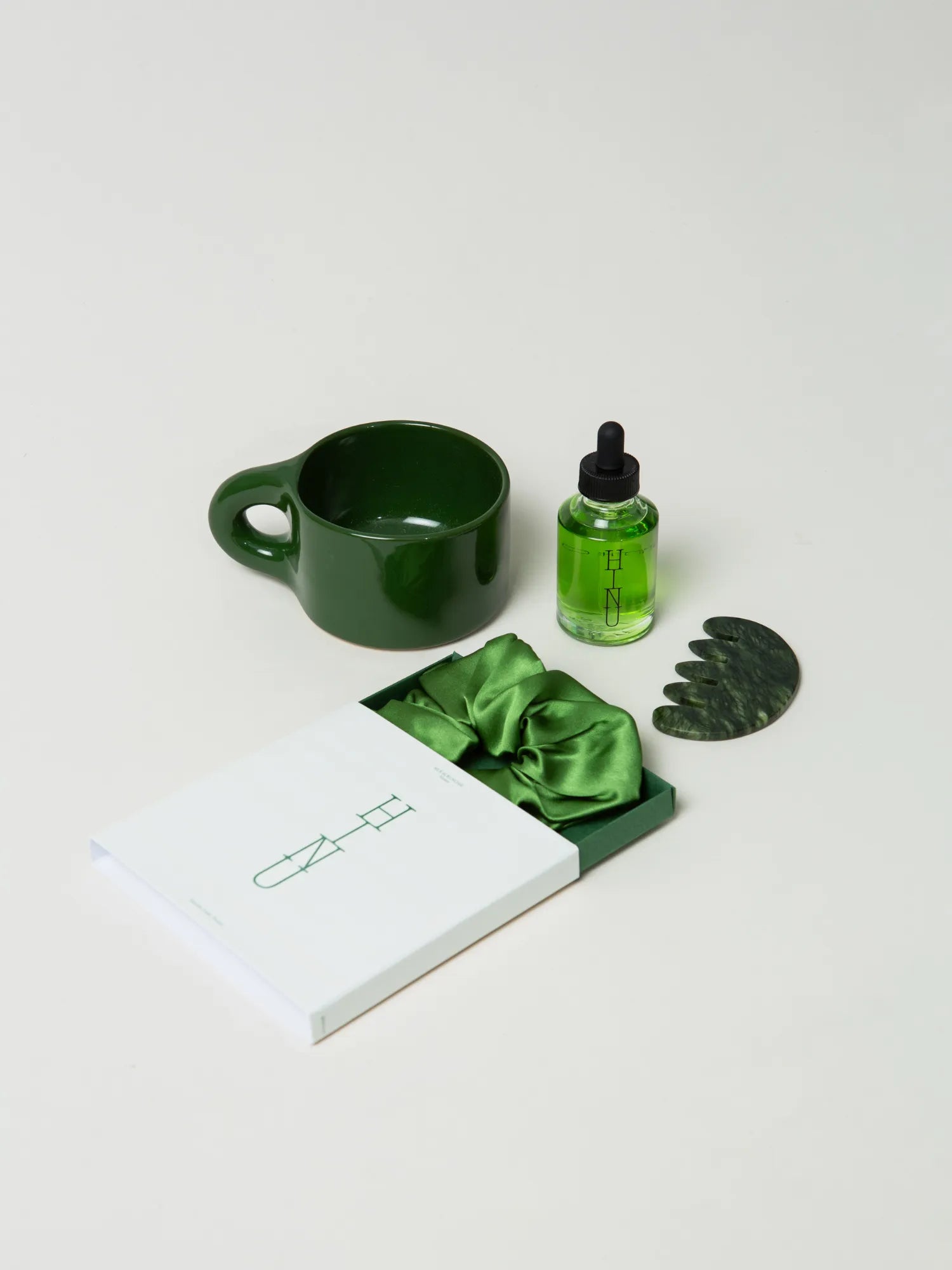 HINU Ritual Kit with green mug, Hair Growth Oil, jade tool and silk scrunchie